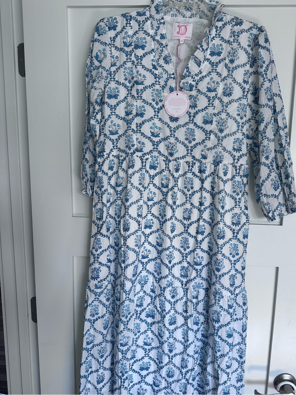 Victoria Dunn White Maxi Dress with Blue Floral Print